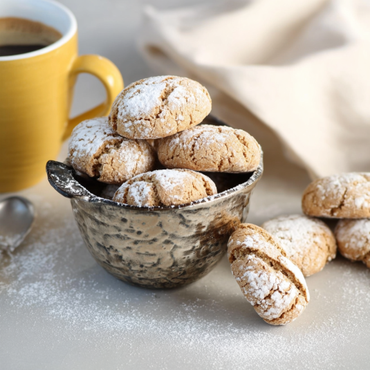 Una tazza con caffè e biscotti.