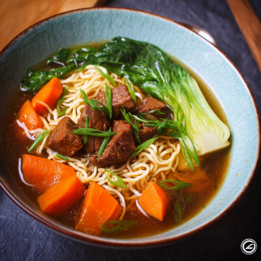 Una ciotola di noodles con verdure e carne.