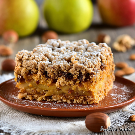 Un pezzo di torta con frutta e noci.