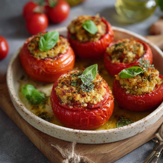 Piatti di pomodoro con erbe e formaggio.