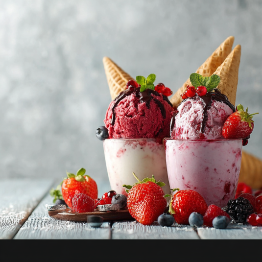 Due bicchieri di gelato con frullati e frutta.