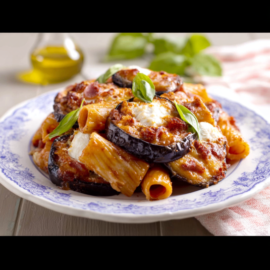 Piatti di pasta e verdure con salsa di pomodoro.