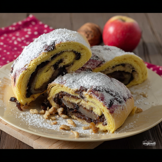 Un dolce a forma di spirale con crema e frullato di frutta.