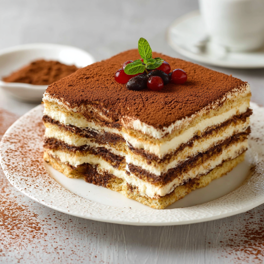 Un cake a strati con frutta e cioccolato.