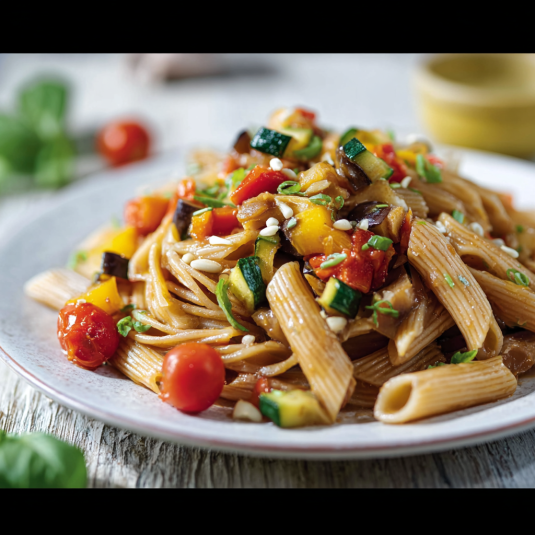 Una pietanza di pasta con verdure e pomodori.