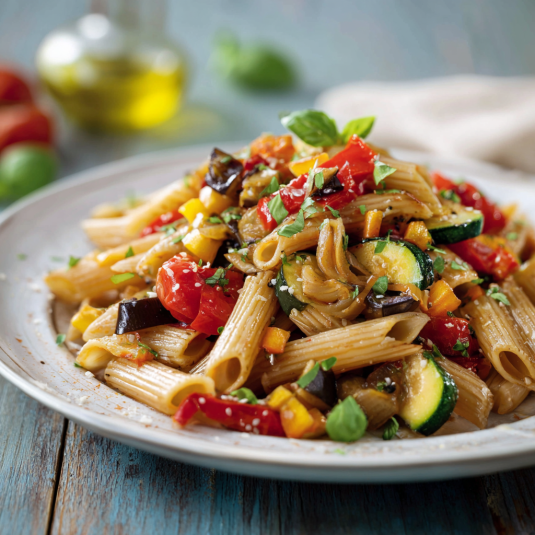 Penne con verdure e olio.