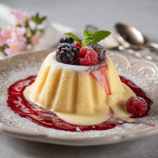 Un dolce con frutta rossa e bianca.