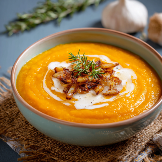 Una ciotola di zuppa con cipolla e formaggio.