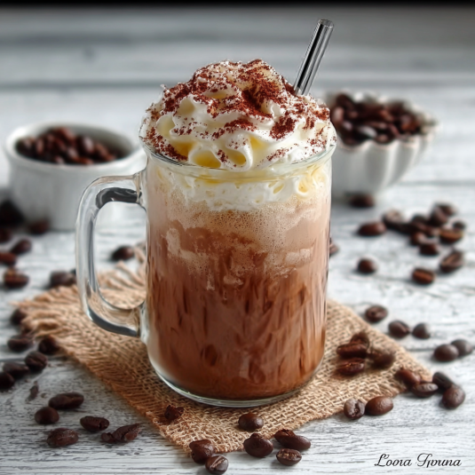 Una tazza di caffè con crema e cioccolato.