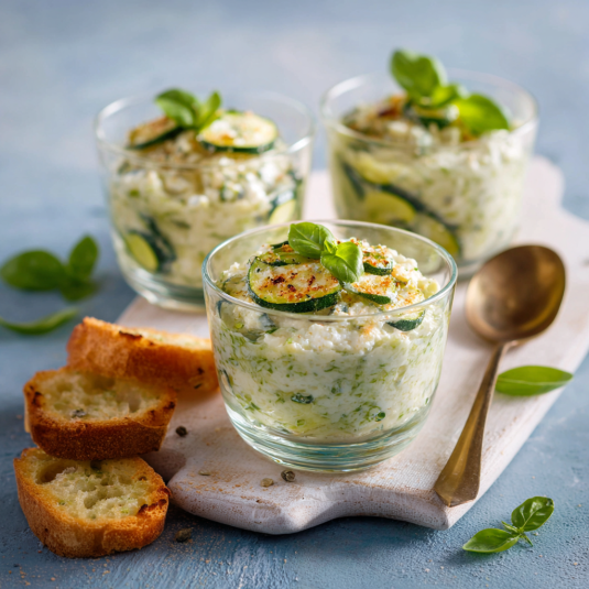 Tre bicchieri di crema di zucchini con foglie di basilico.