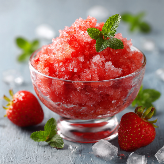 Una tazza di sorbetto rosso con foglie di menta.