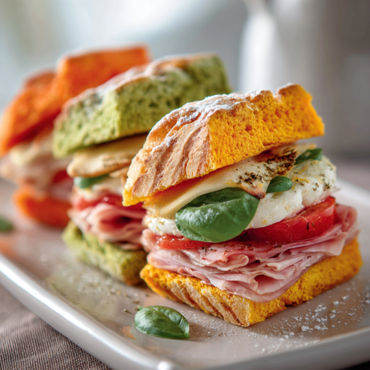 Una fetta di pizza con verdure e prosciutto.