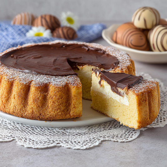 Una torta con crema e cioccolato.