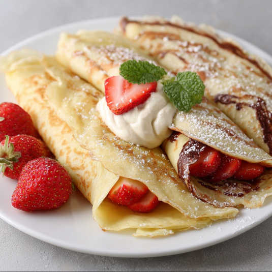 Un piatto con crema e frullato di strawberry e chocolate.
