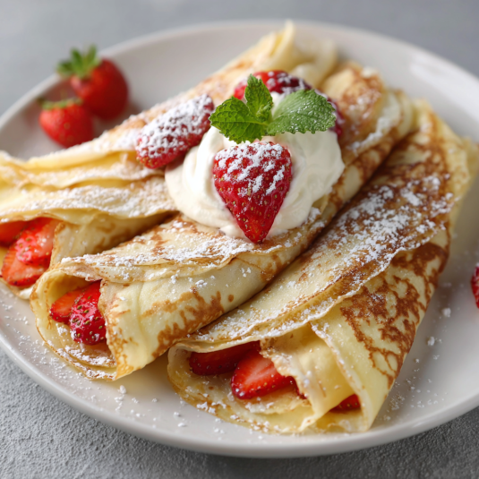 Un piatto con un pancake con strawberry e crema.