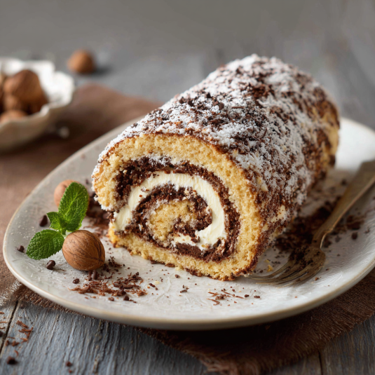 Un dolce a forma di spirale con crema e noci.