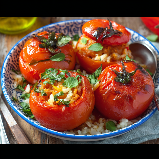 Piatti di pomodori con erbe e riso.