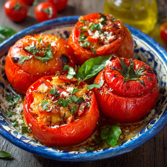 Piatti di pomodori con erbe.