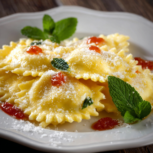 Penne con sauce e foglie di menta.