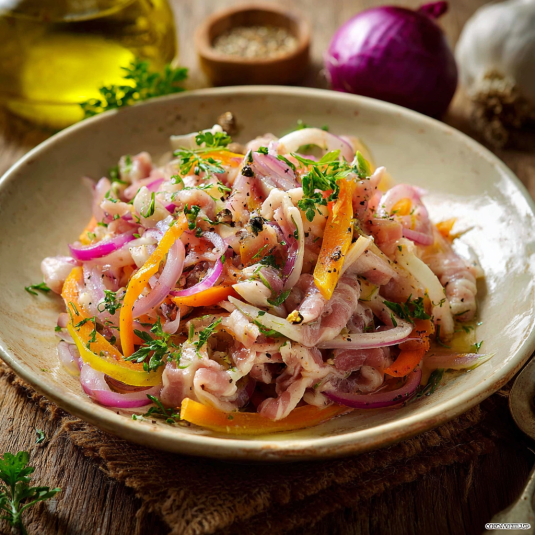 Una tavolata con un piatto di carne e verdure.