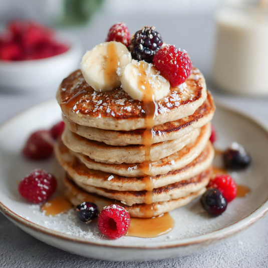 Pancakes con frutta e sugo di miele.