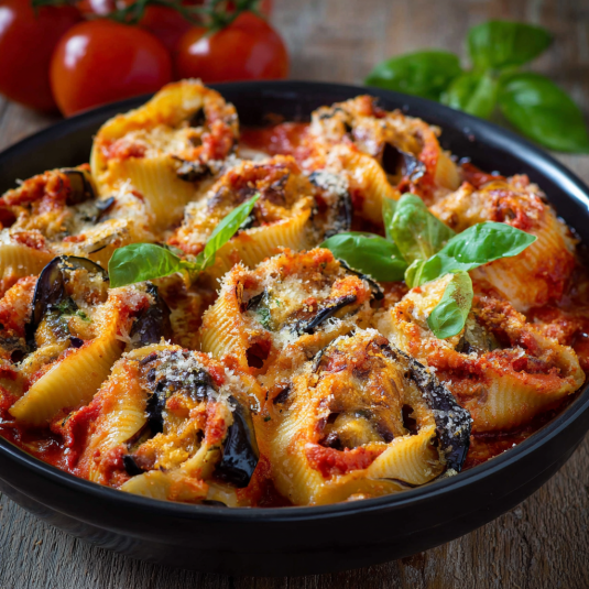 Piatti di pasta con verdure e pomodori.