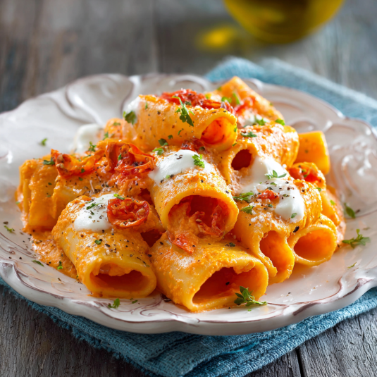 Piatti di pasta con salsa bianca e verdure.
