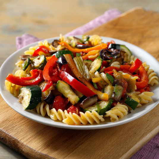 Una tavolata con un piatto di pasta e verdura.