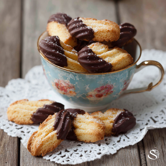 Tazza con biscotti e cioccolato.