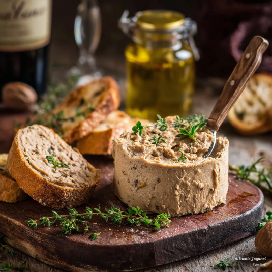 Una tavolata con un piatto di bruschetta e un bicchiere di olio.