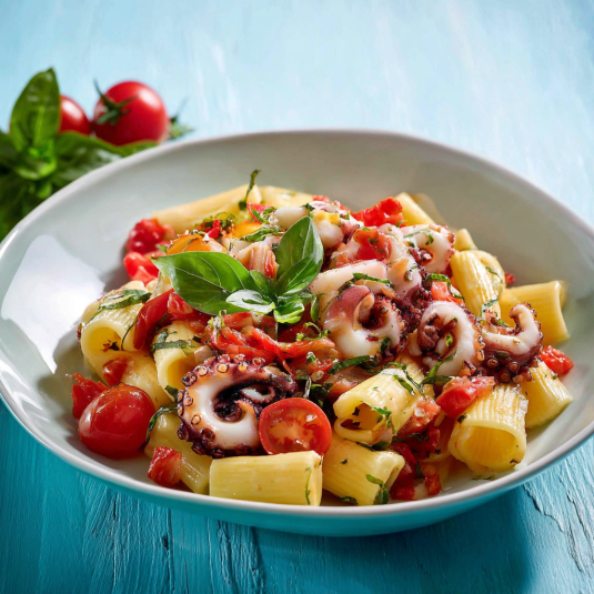 Una tavolata con un piatto di pasta e verdure.