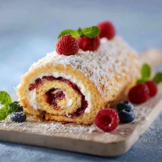 Un dolce a forma di spirale con crema e frutta.