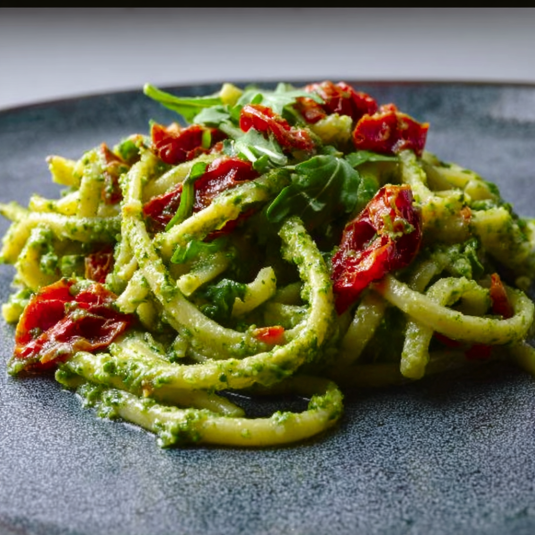Pasta con verdure e peperoni.