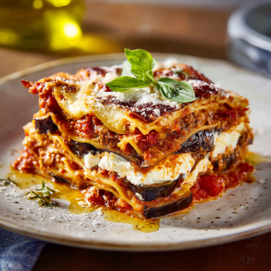 Un piatto di lasagna con verdura fresca.