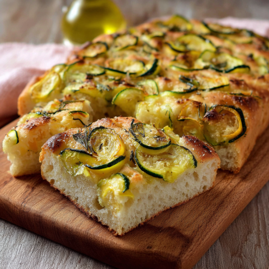 Una fetta di pizza con zucchini e olio.