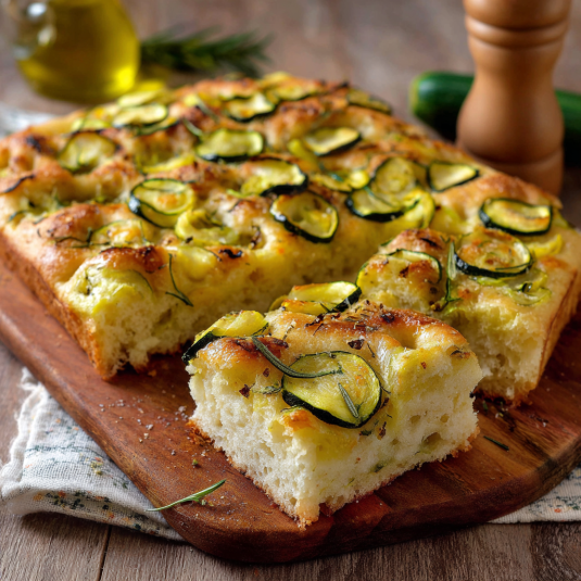 Una tavolata con un pane con verdure e un vaso con olio.