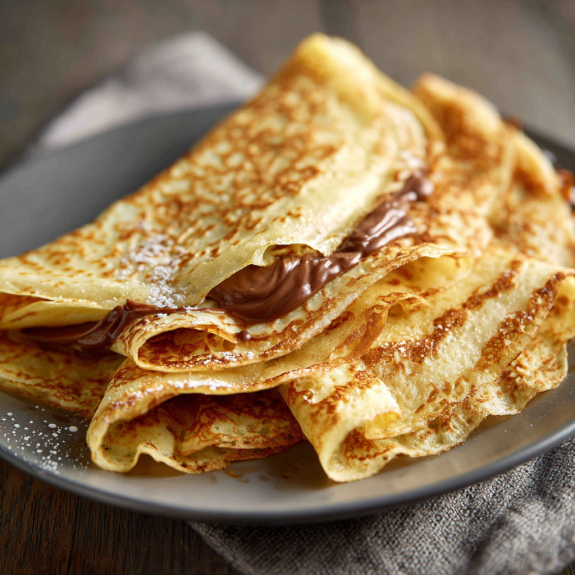 Un piatto con un pancake con chocolate e sugo di cioccolato.