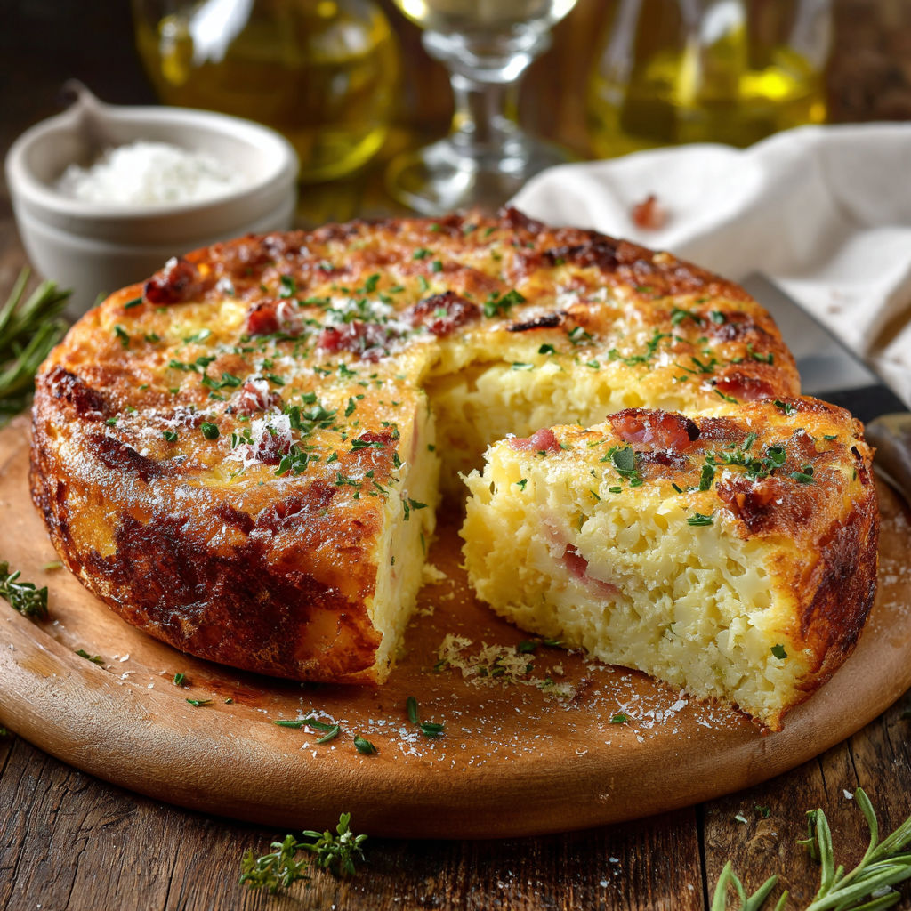Une tarte aux pommes et bacon, servie sur un plateau de bois avec des garnitures de herbes.