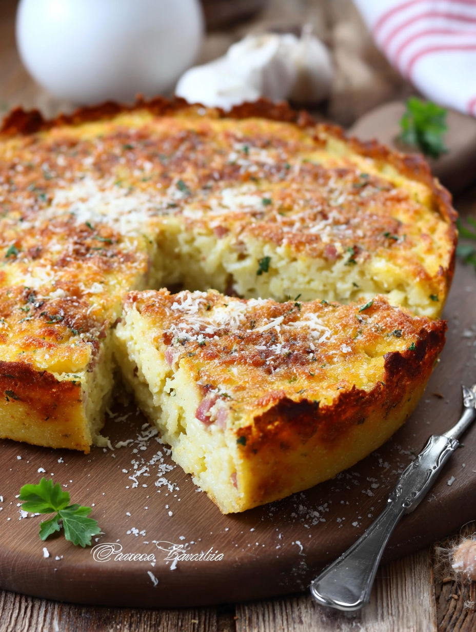 Une tarte aux herbes et aux oeufs, servie sur un plateau.