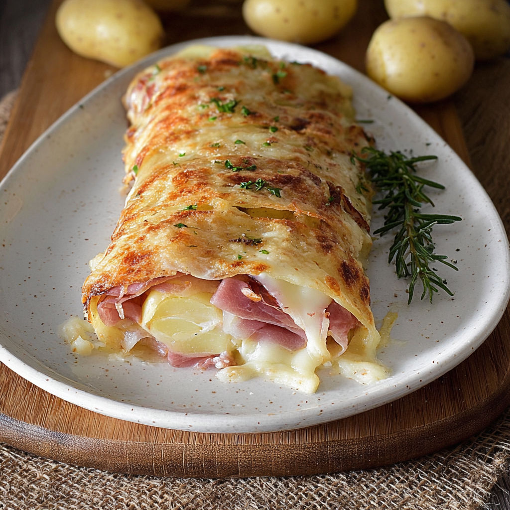 Un délicieux rotolo goloso di patate est servie sur un plateau en bois.
