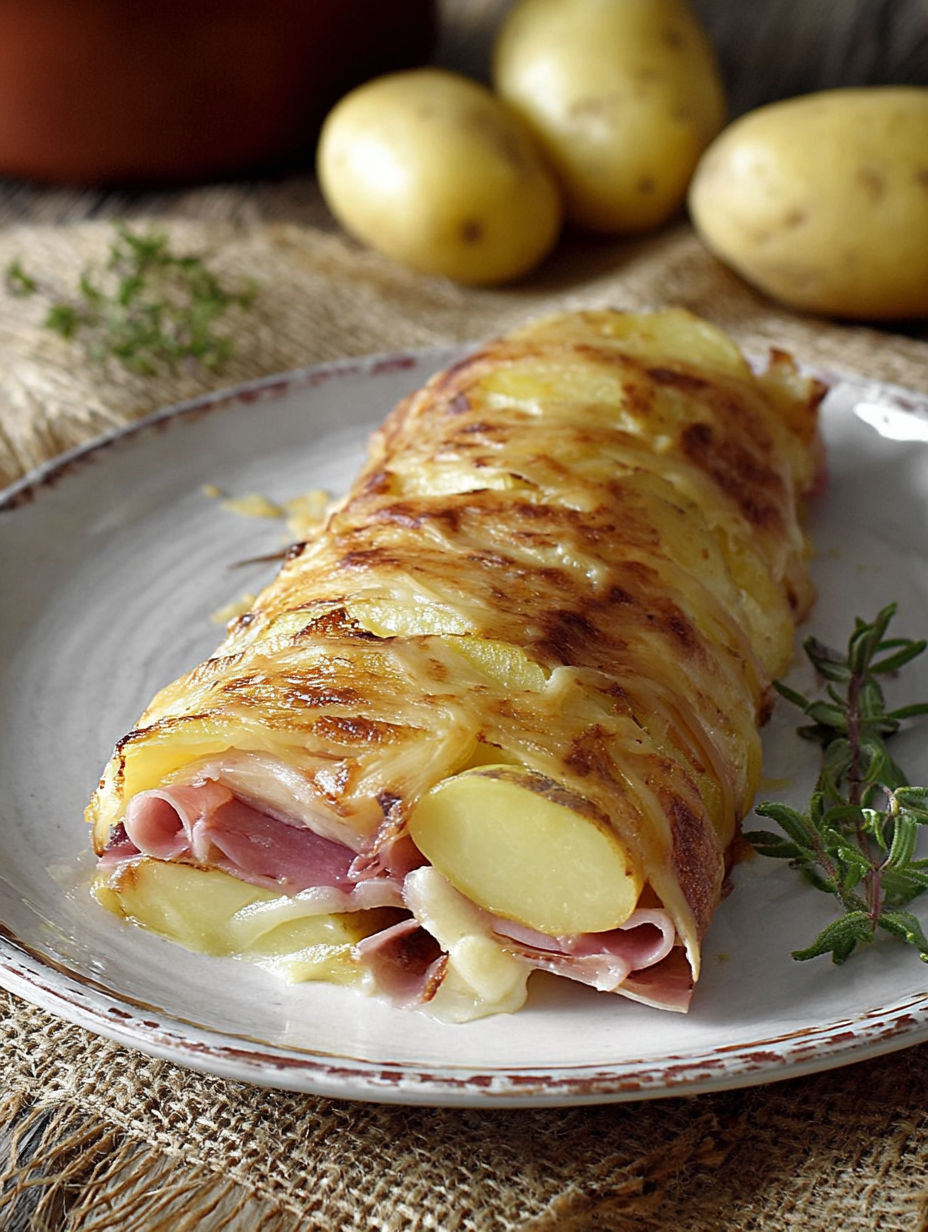 Une longue tranche de pâté chaud est servie sur un plateau avec des pommes de terre et des herbes.