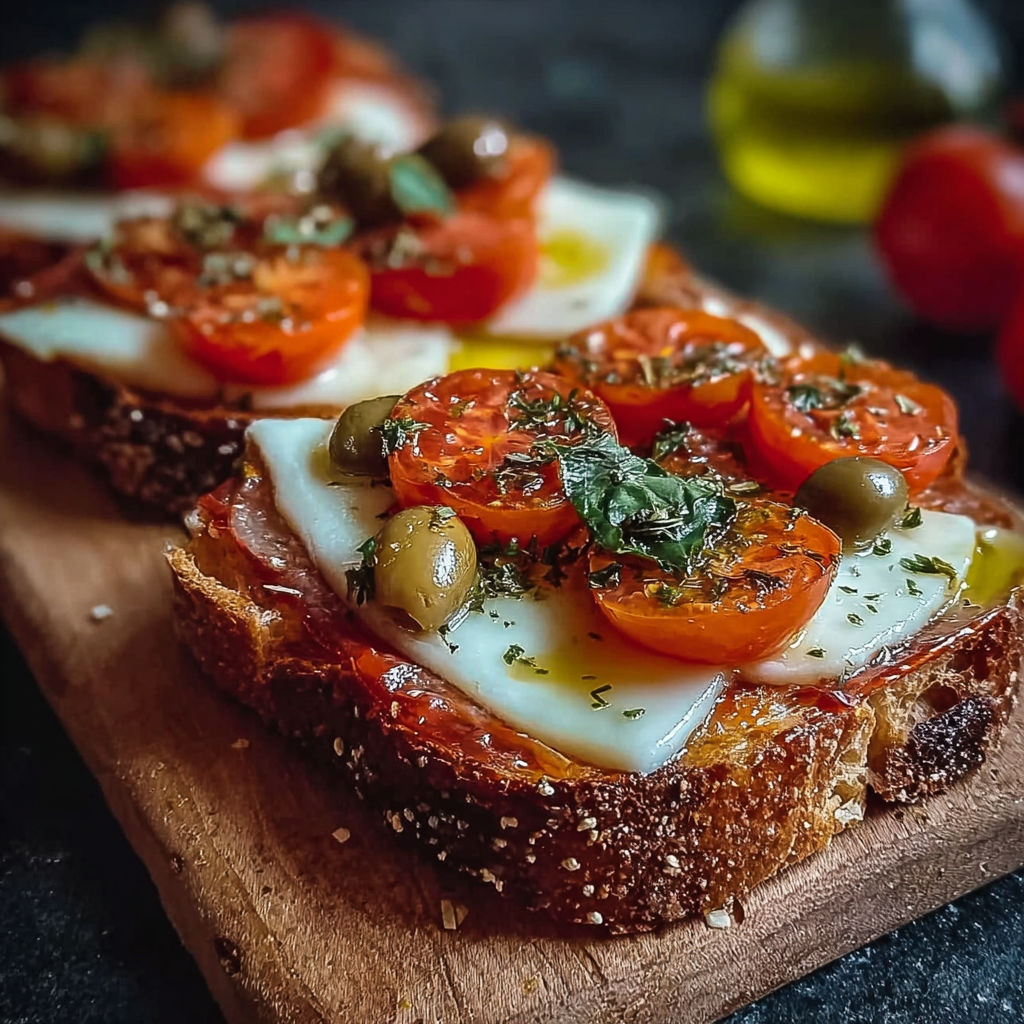 Une crostini alla pizzaiola facili est servie sur une planche de bois.