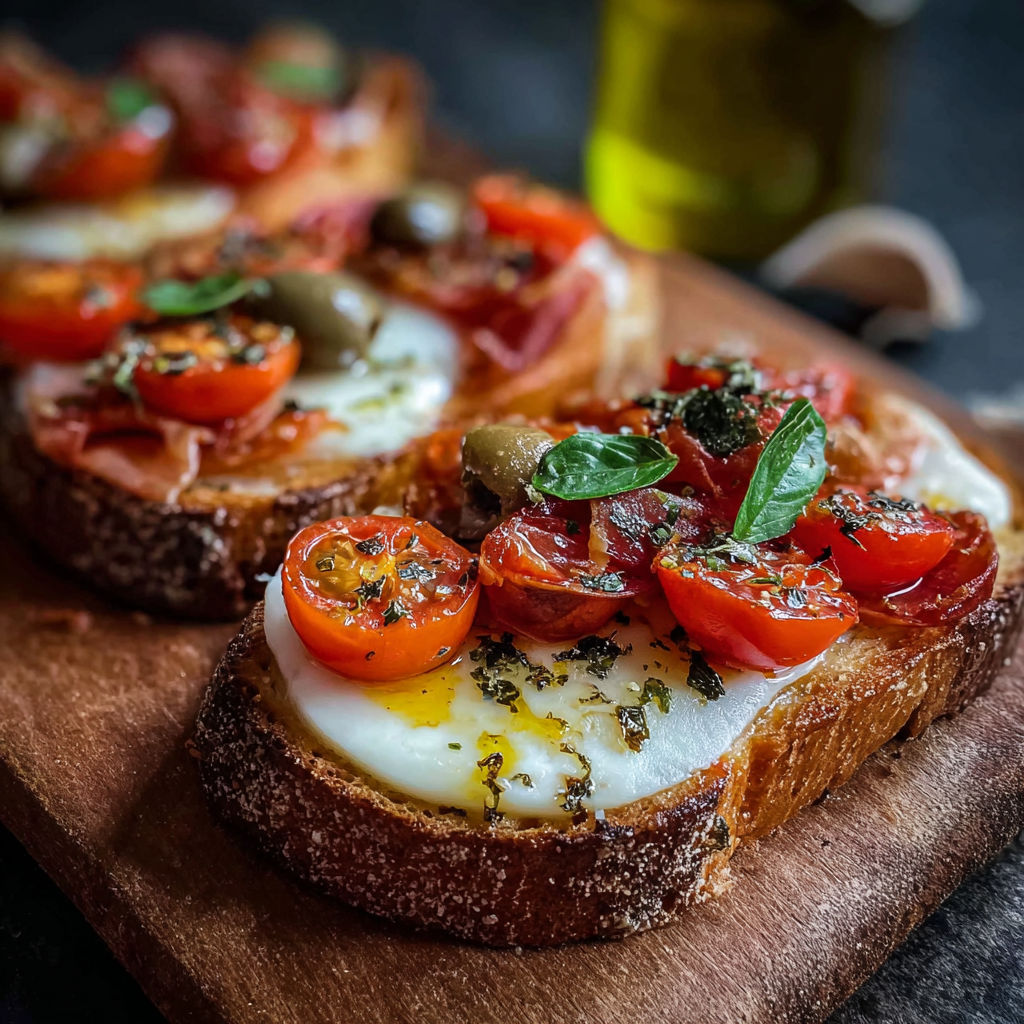 Une tranche de pain grillé avec des tomates et des herbes sur le dessus, accompagnée d'une sauce au pesto.