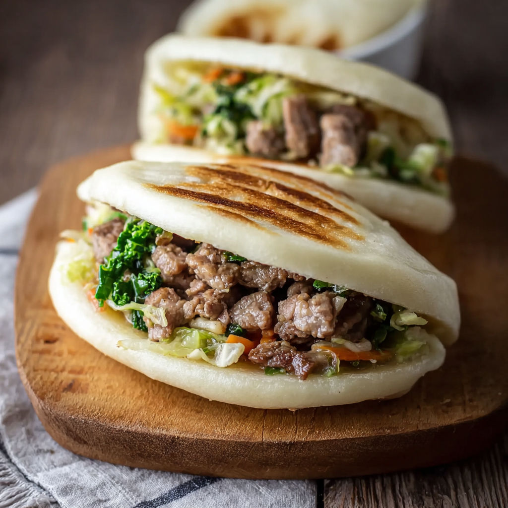 Une pâte de pain chinoise avec des légumes verts et des viandes.