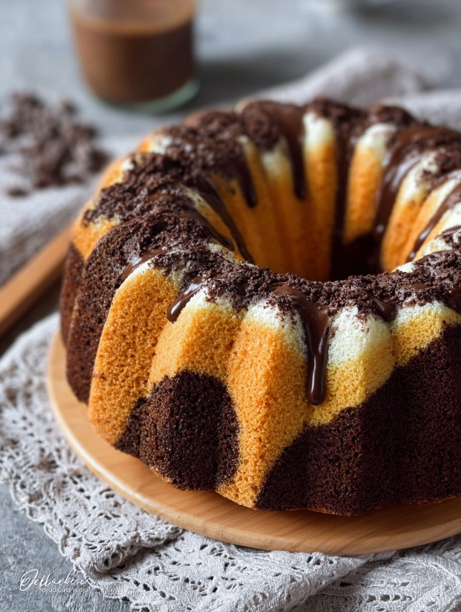 Une tarte aux fruits et chocolat, garnie de chocolat fondu, est servie sur un plateau.