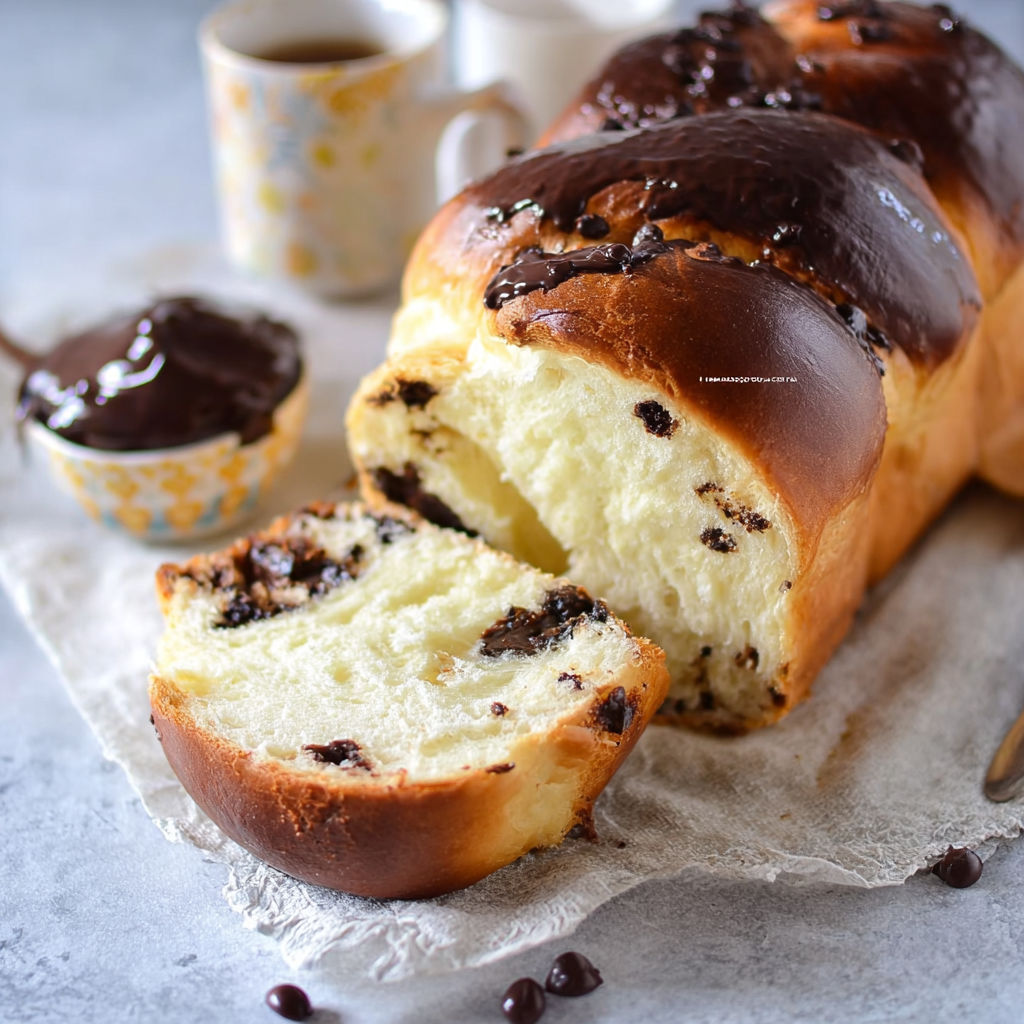 Une baguette de brioche avec des gouttes de chocolat.