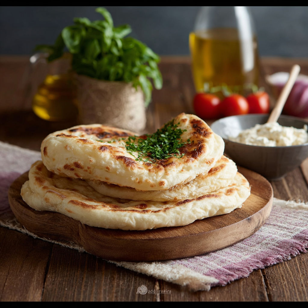 Une pâte de pizza maison est servie sur un plateau avec des herbes fraîches et une sauce.