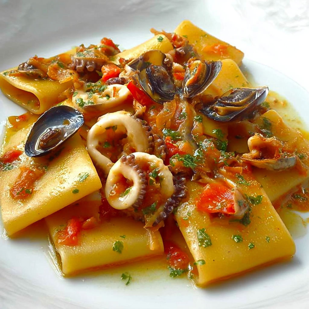Une plate de spaghetti bolognaise avec des tomates, des oignons et des moules.