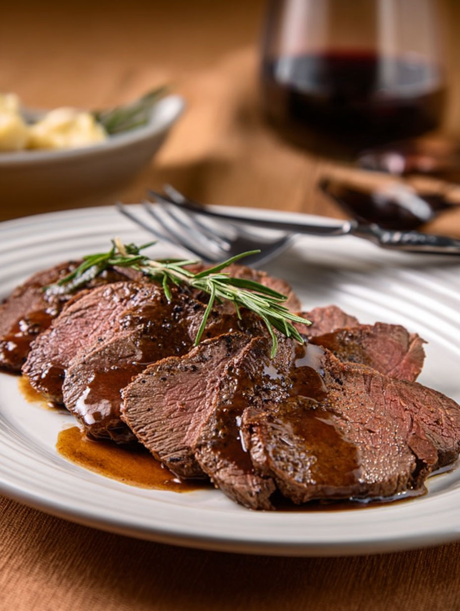 Steak grillé avec des herbes et des légumes sur un plateau.