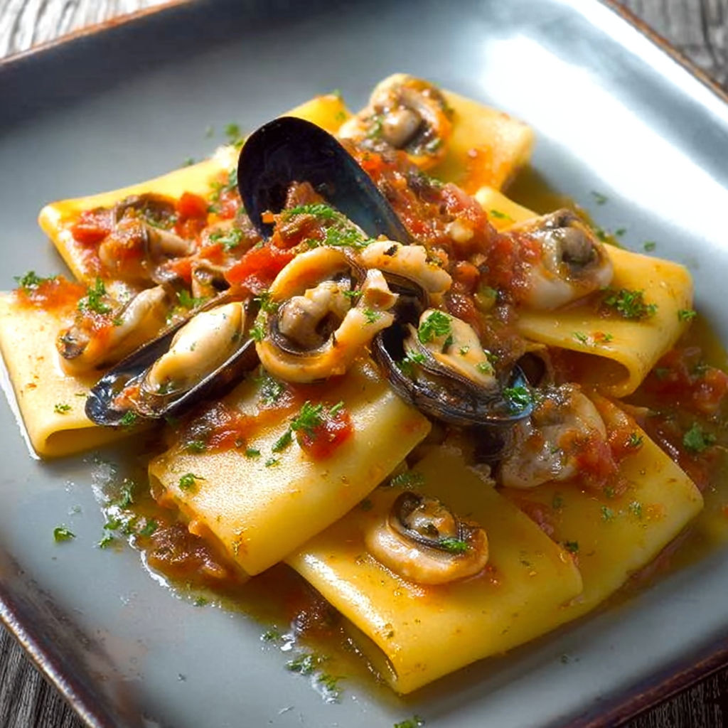 Un plat de Paccheri al sugo di datterino rosso e giallo con cozze e calamaretti.